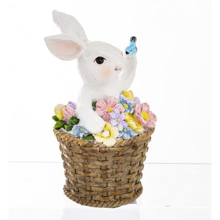 Figurka wielkanocna Królik w koszyku z ptaszkiem 13cm