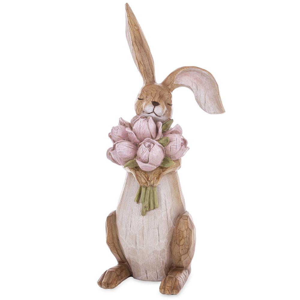 Figurka wielkanocna Królik z różowymi kwiatami naturalny 45cm