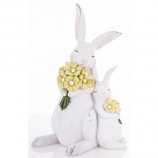 Figurka wielkanocna Białe króliki z żółtymi kwiatkami 26cm