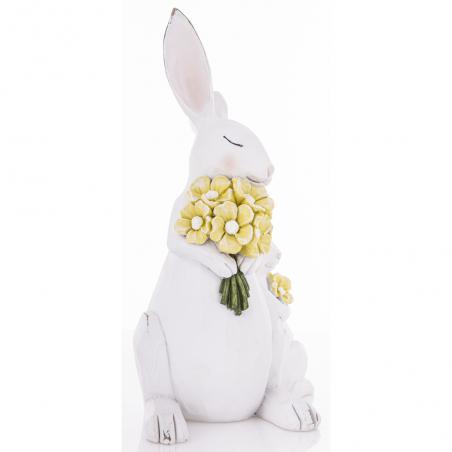 Figurka wielkanocna Białe króliki z żółtymi kwiatkami 26cm