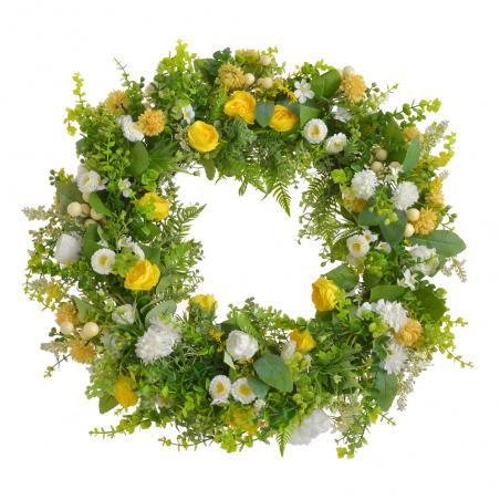 Wianek wiosenny kwiecisty z żółtymi i białymi kwiatami 65cm