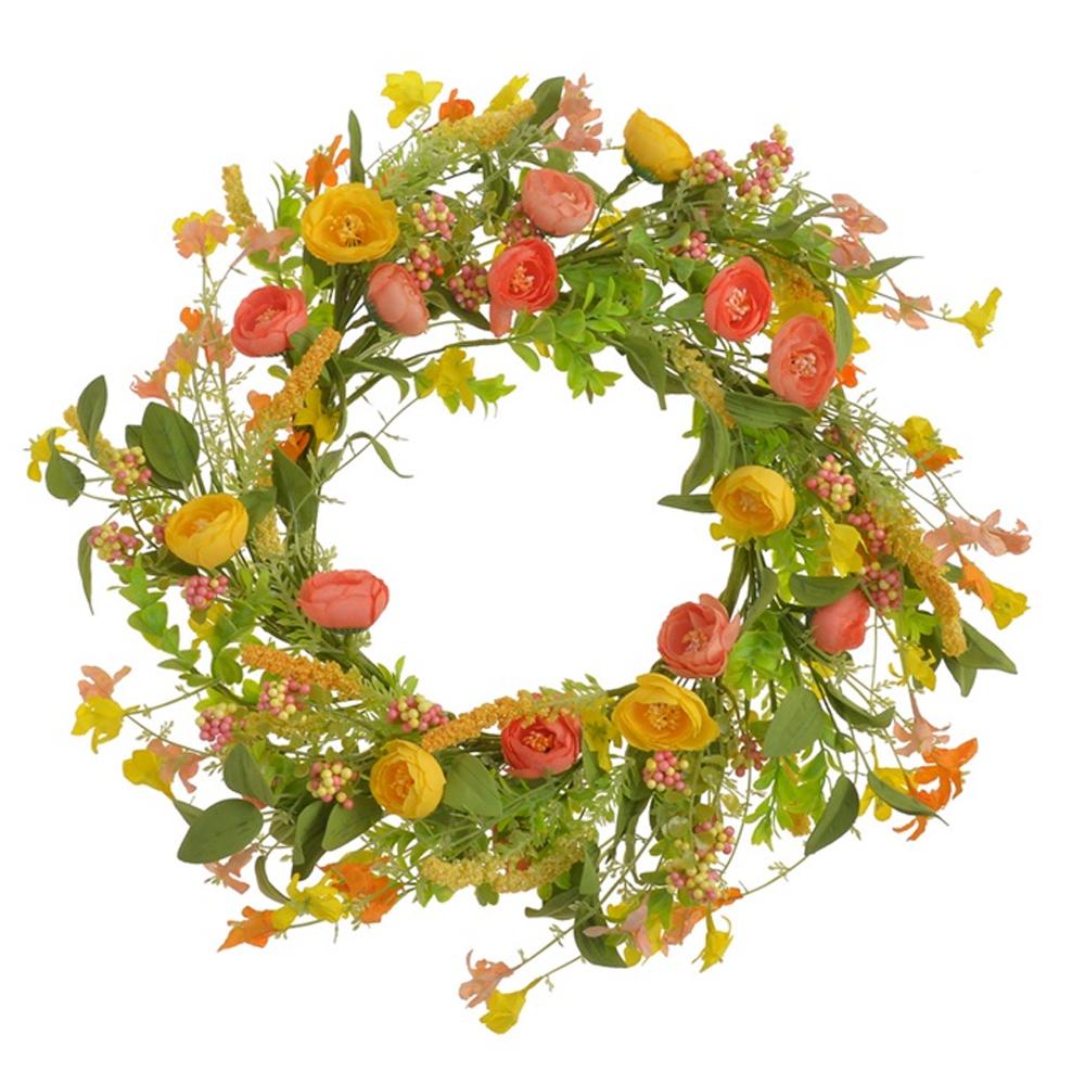 Wianek wiosenny z kwiatami żółtymi i pomarańczowymi 55cm