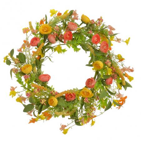 Wianek wiosenny z kwiatami żółtymi i pomarańczowymi 55cm