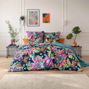 Pościel w kolorowe kwiatyle motyle na granatowym tle Estella Amarina 6623/606 mako interlock jersey