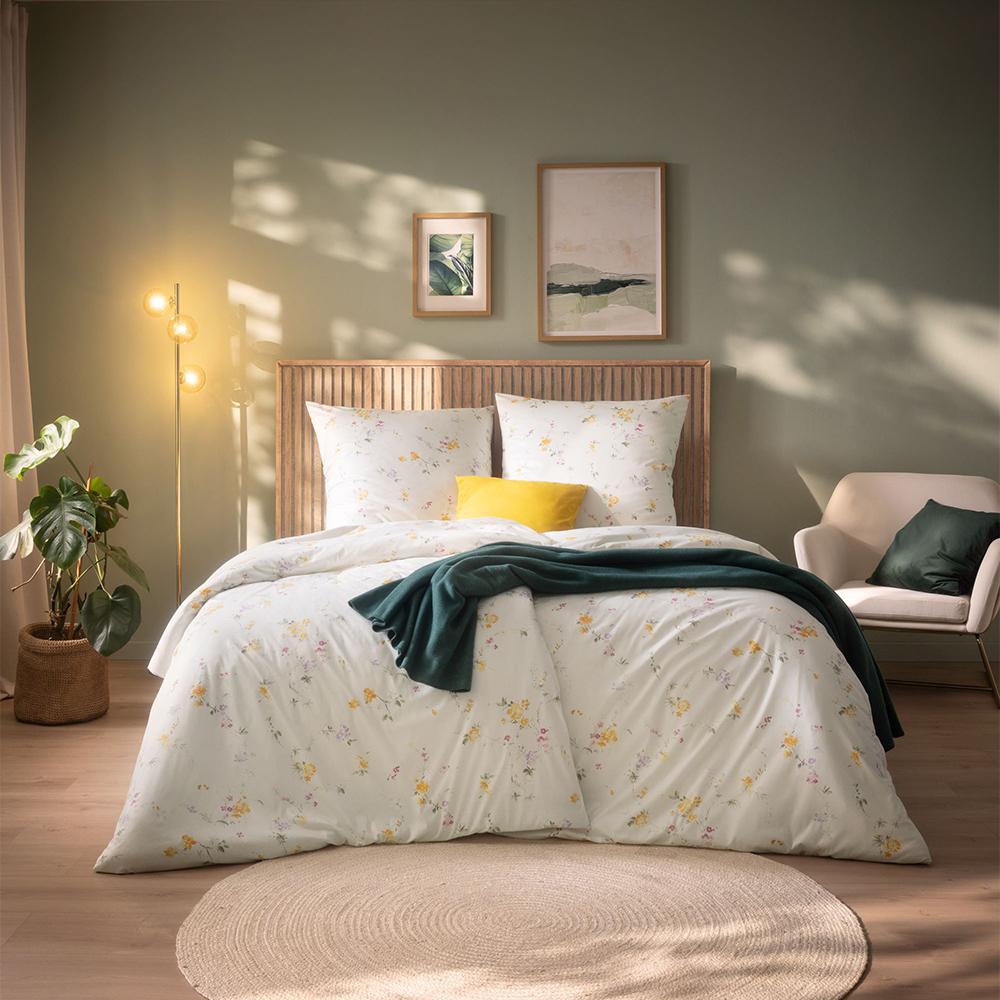 Pościel Estella Cassandra 6528/360 mako interlock jersey romantyczne kwiaty żółte i różowe