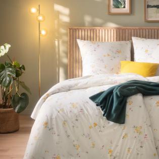 Pościel Estella Cassandra 6528/360 mako interlock jersey romantyczne kwiaty żółte i różowe
