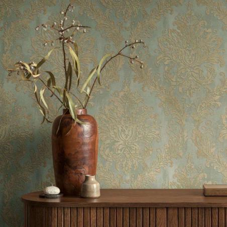 Tapeta AS Creation History of Art 2 79049-2 klasyczne ornamenty zielone na beżowym tle