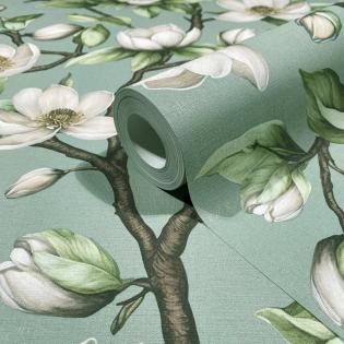 Tapeta Marburg Novamur Oriana 89037 w białe kwiaty na zielonym tle