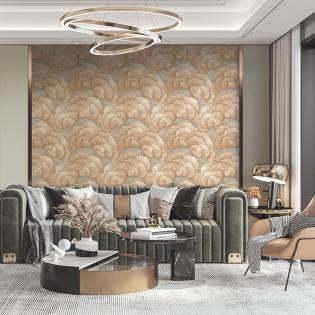 Tapeta Design ID Renaissance RE521014 haftowane liście miłorzębu oliwkowe beżowe