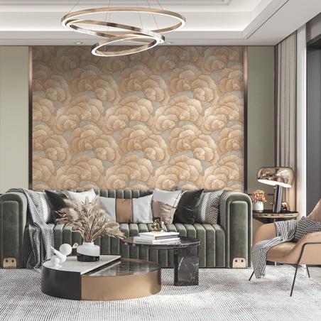 Tapeta Design ID Renaissance RE521014 haftowane liście miłorzębu oliwkowe beżowe