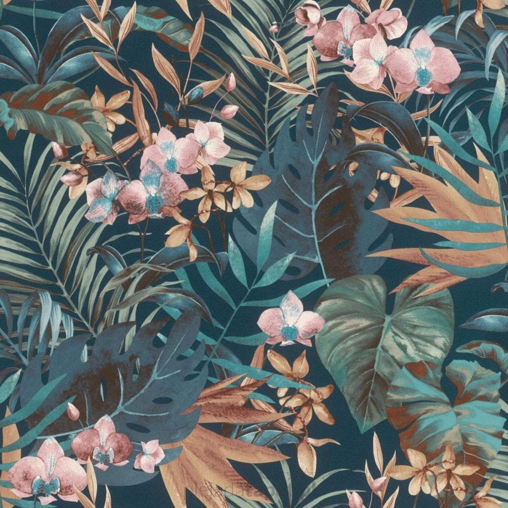 Tapeta ścienna Rasch Salsa 833133 kwiaty i liście ciemny turkus