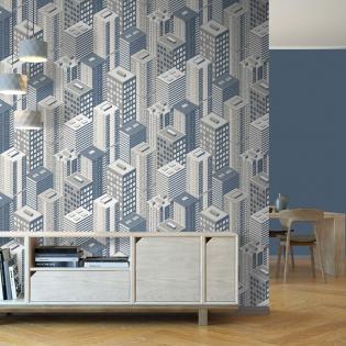 Tapeta ścienna młodzieżowa Ugepa My Kingdom M50701 niebieskie miasto wieżowce szare niebieskie