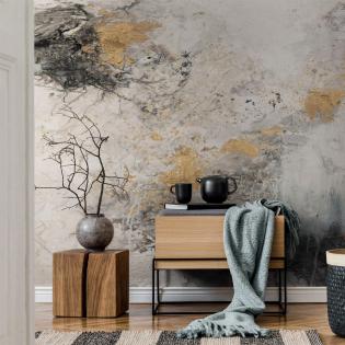 Tapeta Fog - abstrakcja beżowo-szara z dodatkiem złotego