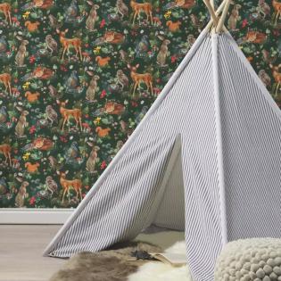 Tapeta ścienna dziecięca Rasch Kids World 300338 zwierzątka w lesie zielona
