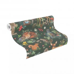 Tapeta ścienna dziecięca Rasch Kids World 300338 zwierzątka w lesie zielona