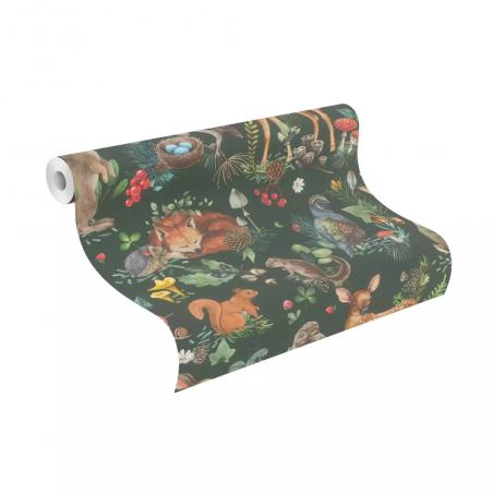 Tapeta ścienna dziecięca Rasch Kids World 300338 zwierzątka w lesie zielona
