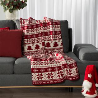 Koc świąteczny Iza śnieżynki i choinki czerwono-biały