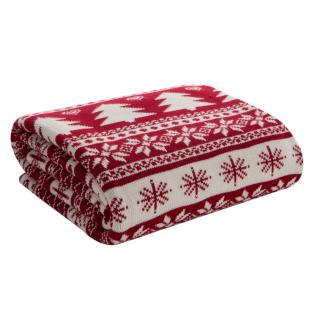 Koc świąteczny Iza śnieżynki i choinki czerwono-biały