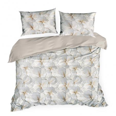Pościel satynowa Eurofirany w kwiaty beżowe, szare na łóżku w sypialni
