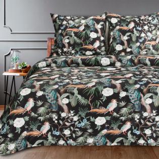 Pościel Eurofirany Nova print Gift 2 box satyna ptaki pawie na czarnym tle