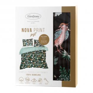 Pościel Eurofirany Nova print Gift 2 box satyna ptaki pawie na czarnym tle