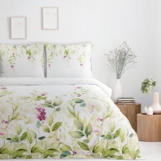 Pościel Eurofirany Nova print Nika 52 satyna zielone liście na białym tle