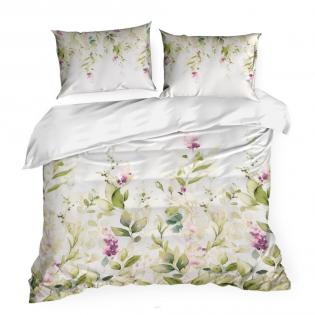 Pościel Eurofirany Nova print Nika 52 satyna zielone liście na białym tle