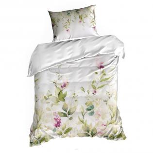 Pościel Eurofirany Nova print Nika 52 satyna zielone liście na białym tle