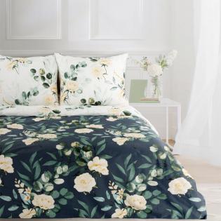 Pościel Eurofirany Nova print Nika 46 satyna kremowe kwiaty na granatowym tle dwustronna
