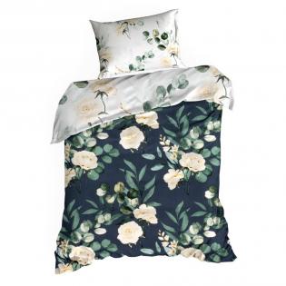 Pościel Eurofirany Nova print Nika 46 satyna kremowe kwiaty na granatowym tle dwustronna