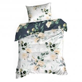 Pościel Eurofirany Nova print Nika 46 satyna kremowe kwiaty na granatowym tle dwustronna