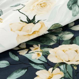 Pościel Eurofirany Nova print Nika 46 satyna kremowe kwiaty na granatowym tle dwustronna