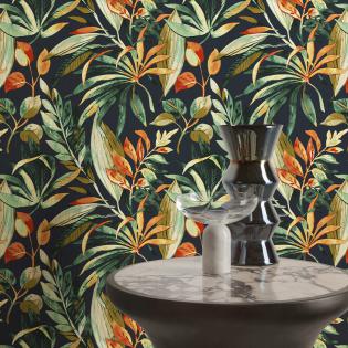Tapeta Grandeco A71202 bujne liście zielone pomarańczowe