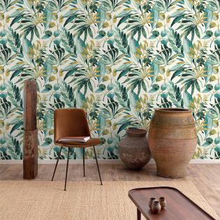Tapeta Grandeco A71201 bujne liście zielone turkusowe