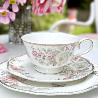 Villa Italia Margaret Filiżanka ze spodkiem do herbaty 200ml kolorowe kwiaty i motyle