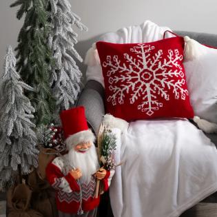 Poszewka świąteczna 89 sweterek śnieżynka z pomponami czerwona 45x45cm