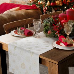 Bieżnik świąteczny Flash 14 85x85cm bombki i choinki kremowy ze złotą nitką