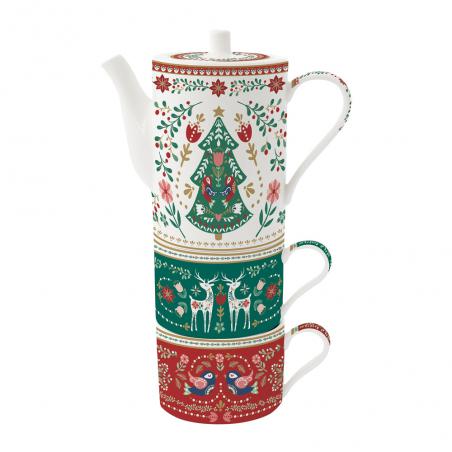 Easy Life Christmas Folk Tea for Two 500ml, czyli dzbanek i 2 filiżanki w zestawie prezentowym na święta z motywem choinki