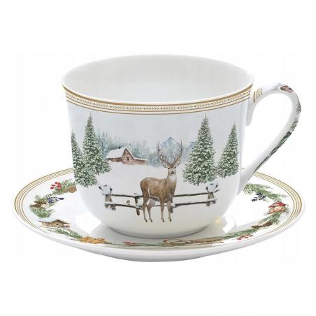 White Forest Zestaw filiżanka 400ml ze spodkiem biała z jelonkiem i choinkami Easy Life porcelain made in italy