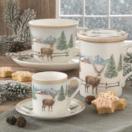 White Forest Zestaw filiżanka 400ml ze spodkiem biała z jelonkiem i choinkami Easy Life porcelain made in italy