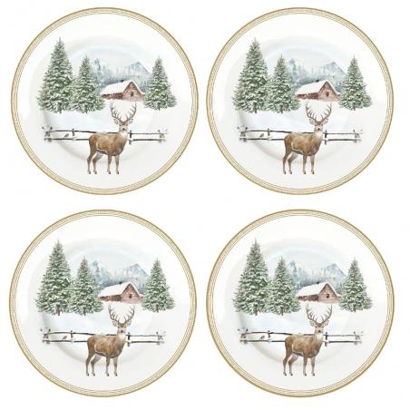 White Forest Zestaw 4 talerzy deserowych 19cm białe z jelonkiem i choinką marka easy life porcelain italy