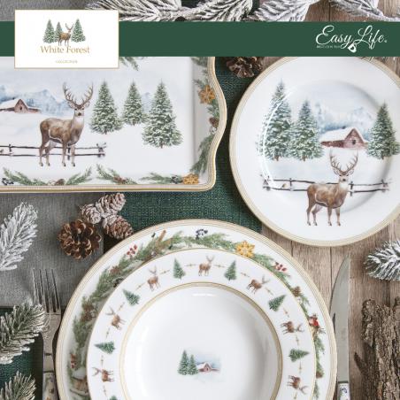 White Forest Zestaw 4 talerzy deserowych 19cm białe z jelonkiem i choinką marka easy life porcelain italy