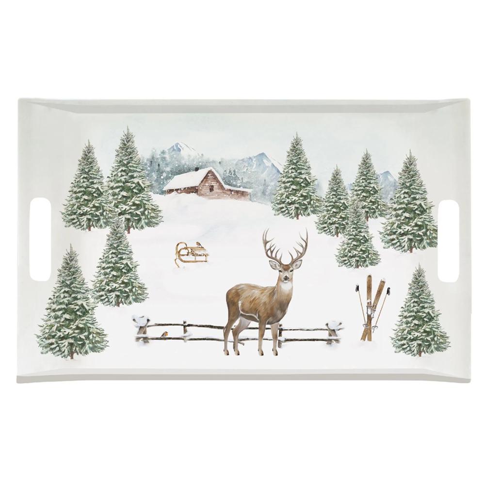 White Forest Taca świąteczna z uchwytami 47x31cm biała z jeleniem i choinkami