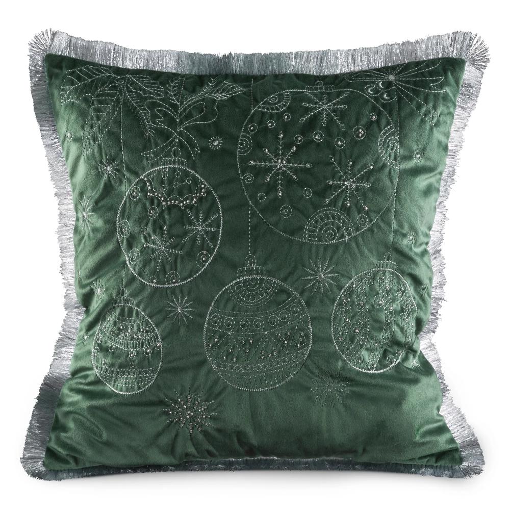 Poszewka świąteczna 118B bombki haftowane zielona z frędzlami 45x45cm