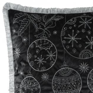 Poszewka świąteczna 118A bombki haftowane czarna z frędzlami 45x45cm